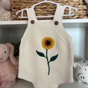 Cream Knit Baby Romper with Sunflower Design